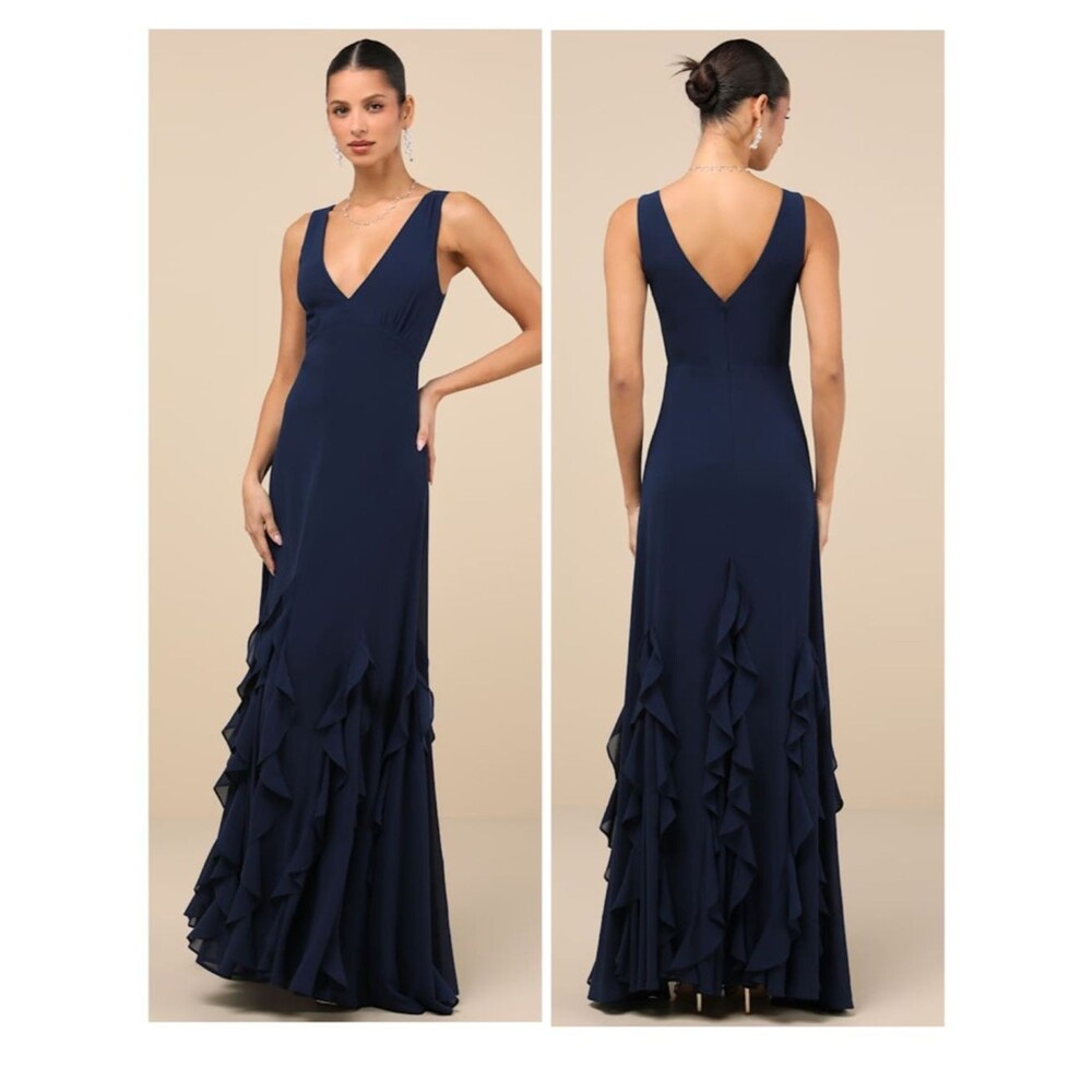 Lulus Alorna Dark Navy Sleeveless Ruffled Maxi Dress Size Small NWT Whimsical